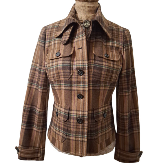 Lauren Ralph Lauren Wool Tan Tartan Plaid Blazer size 8 - Picture 2 of 8